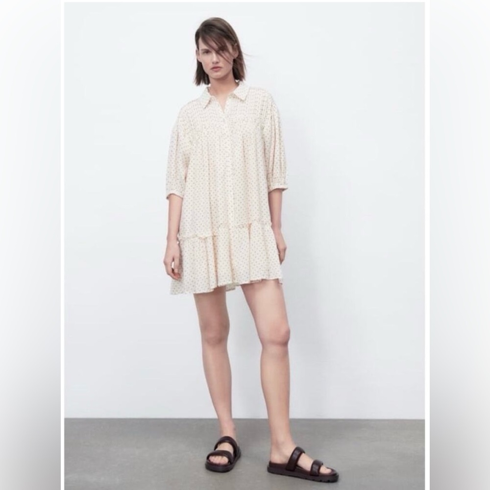 Zara Cream Polka Dot Midi Dress